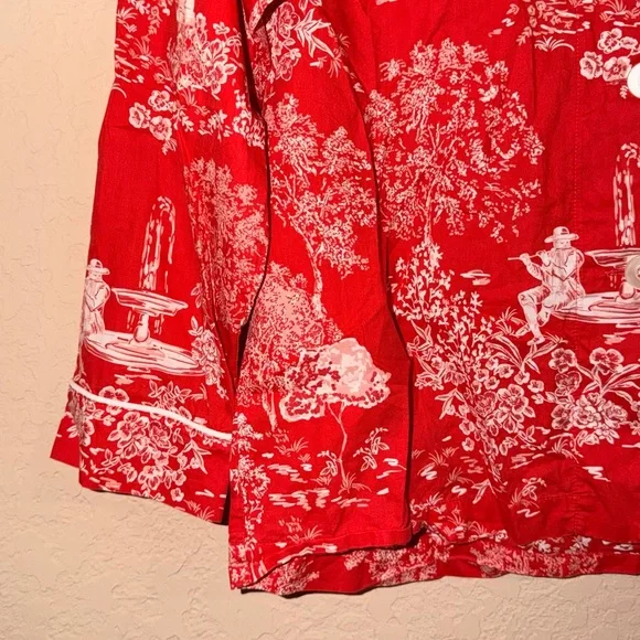 Red French Toile Pajama Top | Scenic Print Button Front - Picture 3 of 7